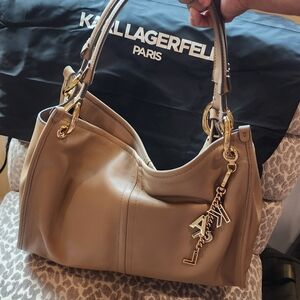 Karl Lagerfeld Tan Leather Shoulder Bag "LUCIENE" MEDUIM